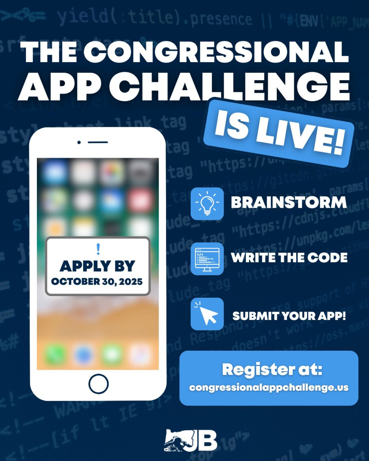 This is a graphic advertising the Congressional App Challenge. People interested applying can register at congressionalappchallenge.us
