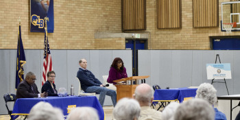 Congresswoman Janelle Bynum and Senator Ron Wyden at a town hall on March 16, 2025. 
